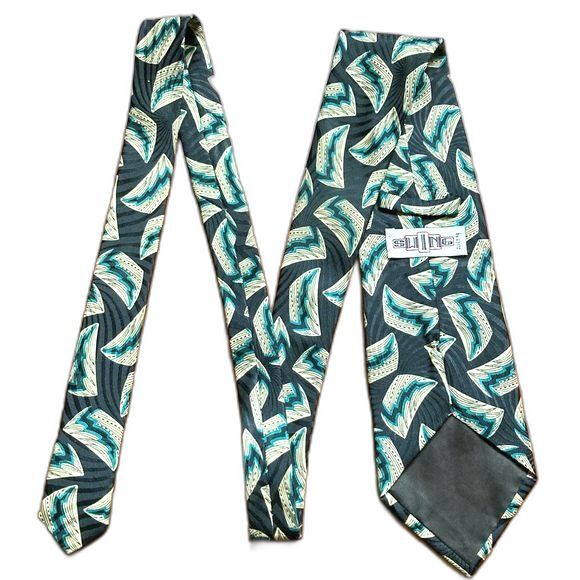 SWING Silk Vintage Bold Geometric Tie Black teal Beige 57 x 4 inches - Picture 4 of 8